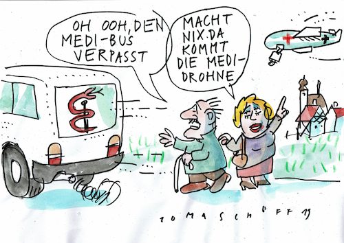Cartoon: Medizin auf dem Land (medium) by Jan Tomaschoff tagged landarztmangel,medibus,landarztmangel,medibus