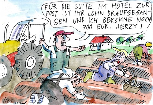 Cartoon: Mindestlohn (medium) by Jan Tomaschoff tagged mindestlohn,erntehelfer,mindestlohn,erntehelfer