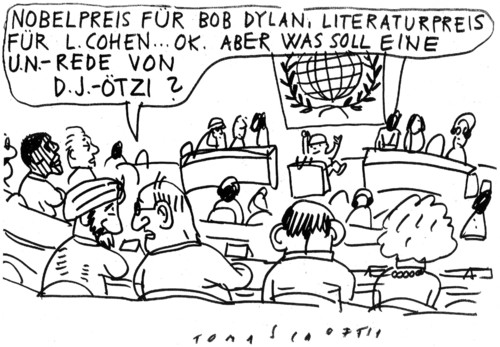 Cartoon: Nobelpreis (medium) by Jan Tomaschoff tagged nobelpreis,bob,dylan,nobelpreis,bob dylan,dj ötzi,bob,dylan,dj,ötzi