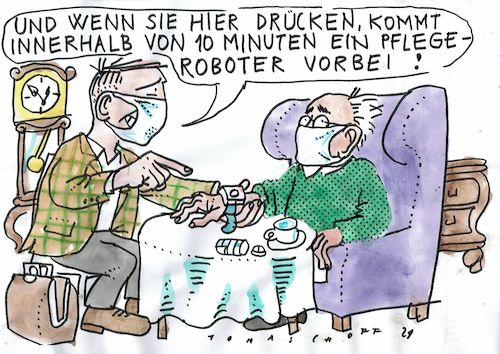 Cartoon: Notruf (medium) by Jan Tomaschoff tagged pflege,zuwendung,robiter,mangel,pflege,zuwendung,robiter,mangel