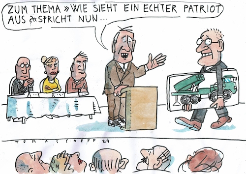 Cartoon: Patriot (medium) by Jan Tomaschoff tagged patriot,heimat,rüstung,patriot,heimat,rüstung