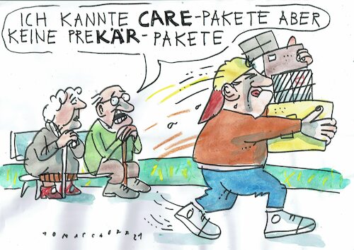 Cartoon: prekär (medium) by Jan Tomaschoff tagged niedriglohne,prekäre,jobs,paketboten,niedriglohne,prekäre,jobs,paketboten