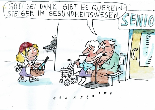 Cartoon: Quereinsteiger (medium) by Jan Tomaschoff tagged gesundheit,alter,pflege,fachkräftemangel,gesundheit,alter,pflege,fachkräftemangel