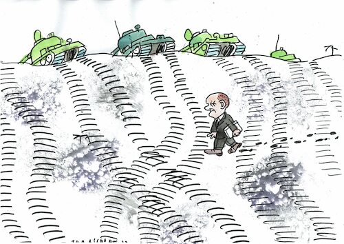 Cartoon: Reisediplomatie (medium) by Jan Tomaschoff tagged ukraine,russland,drohung,scholz,ukraine,russland,drohung,scholz