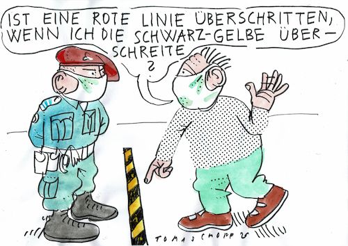 Cartoon: rote Linie (medium) by Jan Tomaschoff tagged corona,einschränkungen,abstand,corona,einschränkungen,abstand