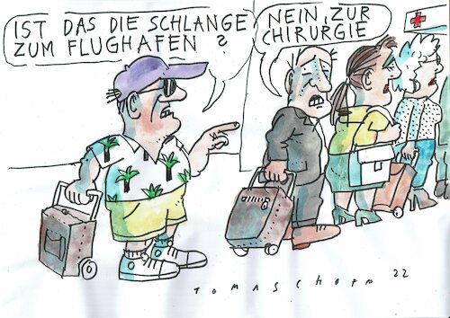 Cartoon: Schlange (medium) by Jan Tomaschoff tagged fachkräftemangel,flugverkehr,gesundheit,krankenhaus,fachkräftemangel,flugverkehr,gesundheit,krankenhaus