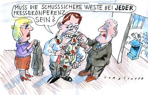 Cartoon: Schusssicher (medium) by Jan Tomaschoff tagged guttenberg,untersuchungsausschuss,kundus,afghanistan,guttenberg,untersuchungsausschuss,kundus,afghanistan,krieg,militär,sicherheit