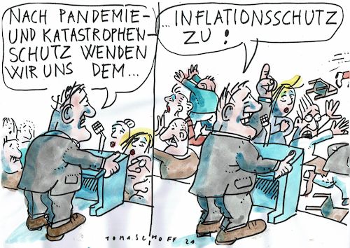 Cartoon: Schutz (medium) by Jan Tomaschoff tagged politiker,versprechen,gesundheit,umwelt,inflation,politiker,versprechen,gesundheit,umwelt,inflation