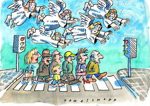 Cartoon: Schutzengel (medium) by Jan Tomaschoff tagged verkehr,schutz,sicherheit,schutzengel,engel,straßeverkehr,verkehr,unfälle,unfall,autounfall,passanten,gehweg,zebrasteifen,raser,auto,autos