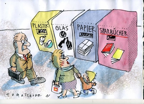 Cartoon: Sparbücher (medium) by Jan Tomaschoff tagged zinsen,sparen,geldschwemme,zinsen,sparen,geldschwemme