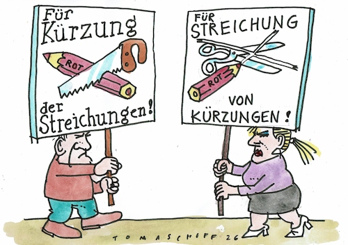 Cartoon: Sparmassnahmen (medium) by Jan Tomaschoff tagged haushalt,geld,sparen,streichen,kürzen,haushalt,geld,sparen,streichen,kürzen