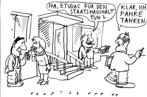 Cartoon: Staatshaushalt (medium) by Jan Tomaschoff tagged steuern,benzin,tanken,tabaksteuer,steuern,benzin,tanken,tabaksteuer