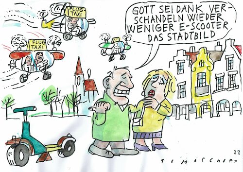 Cartoon: Stadtbild (medium) by Jan Tomaschoff tagged scooter,flugtaxis,stadt,verkehr,scooter,flugtaxis,stadt,verkehr