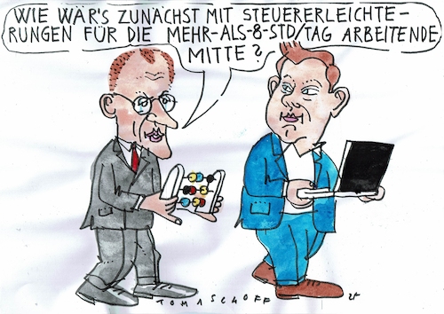 Cartoon: Steuern (medium) by Jan Tomaschoff tagged merz,klingbeil,steuern,reform,mitte,merz,klingbeil,steuern,reform,mitte