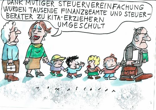 Cartoon: Steuervereinfachung (medium) by Jan Tomaschoff tagged steuern,vereinfachung,fachkräftemangel,kita,steuern,vereinfachung,fachkräftemangel,kita