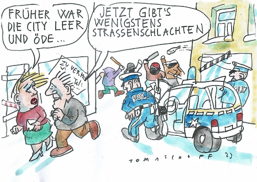 Cartoon: Strassenschlacht (medium) by Jan Tomaschoff tagged clans,strassenschlacht,polizei,city,clans,strassenschlacht,polizei,city