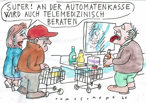 Cartoon: Telemedizin (medium) by Jan Tomaschoff tagged gesundheit,ärztemangel,telemedizin,supermarkt,gesundheit,ärztemangel,telemedizin,supermarkt
