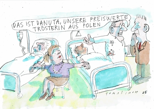 Cartoon: Trösterin (medium) by Jan Tomaschoff tagged gesundheit,fachkräftemangel,menschlichkeit,trost,geld,gesundheit,fachkräftemangel,menschlichkeit,trost,geld