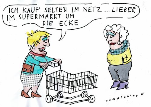 Cartoon: Um die Ecke (medium) by Jan Tomaschoff tagged einkauf,internet,geschäft,einkauf,internet,geschäft