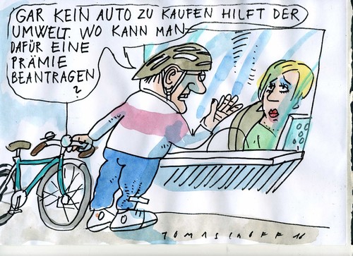 Cartoon: Umweltrprämie (medium) by Jan Tomaschoff tagged auto,umwelt,elektroauto,auto,umwelt,elektroauto