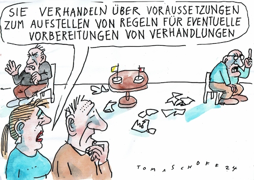 Cartoon: Verhandlungen (medium) by Jan Tomaschoff tagged konflikte,verhandlungen,kompromissbereitschaft,konflikte,verhandlungen,kompromissbereitschaft