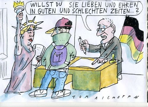 Cartoon: Verpflichtung (medium) by Jan Tomaschoff tagged migration,offen,gesellschaft,integration,migration,offen,gesellschaft,integration