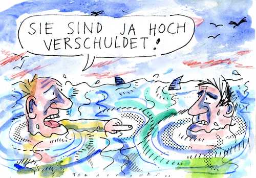Cartoon: Verschuldet (medium) by Jan Tomaschoff tagged schulden,finanzen,verschuldung