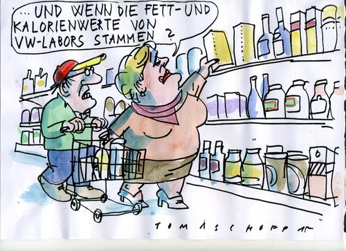 Cartoon: VW-Angaben (medium) by Jan Tomaschoff tagged ernährung,wissenschaft,fälschung,vw,ernährung,wissenschaft,fälschung,vw