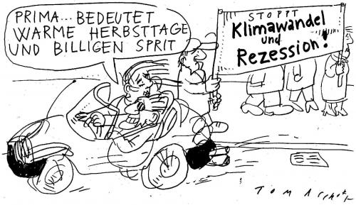 Cartoon: Warme Herbsttage (medium) by Jan Tomaschoff tagged rezesion,klimawandel,benzinpreise