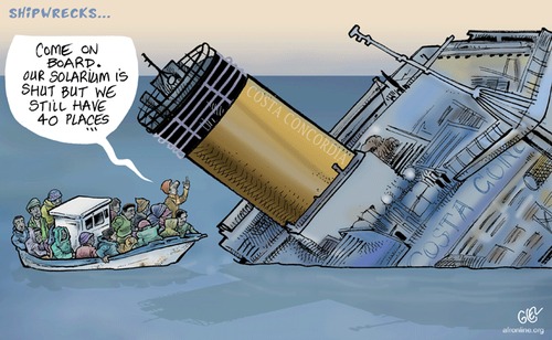 Cartoon: Italian Shipwrecks (medium) by Damien Glez tagged italian,shipwrecks,costa,concordia,boat,people,africa