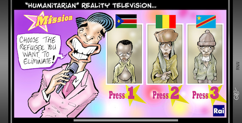 Cartoon: Refugees reality TV (medium) by Damien Glez tagged reality,tv,refugees,crises,reality,tv,refugees,crises