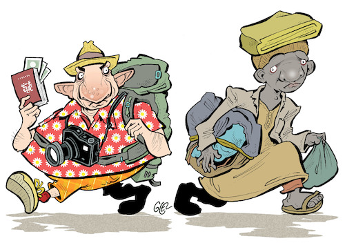 Cartoon: Tourist vs migrant (medium) by Damien Glez tagged tourist,economy,travel,tourism,immigration,exile,migrant,north,south,tourist,economy,travel,tourism,immigration,exile,migrant,north,south