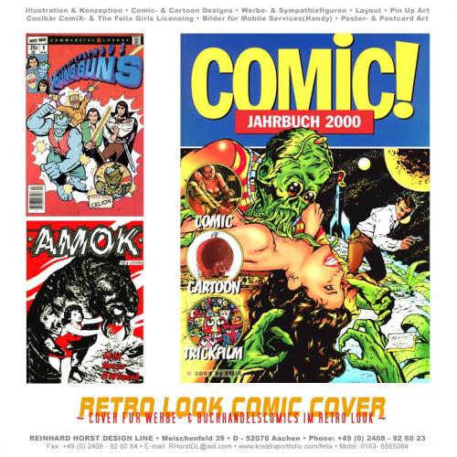 Cartoon: Retro Comic Covers (medium) by FeliXfromAC tagged retro,design,woman,frau,comic,cover,poster,monster,girl,cartoon,amok,action,fantasy,young,guns,marvel,look,70s,50s,stockart,