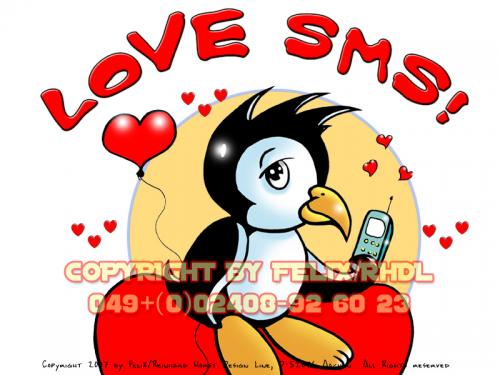 Cartoon: SMS Gruß Cartoon (medium) by FeliXfromAC tagged nice,animals,tiere,tier,logos,sympathiefiguren,mascots,wallpapers,characters,characterdesign,figuren,hey,melde,dich,whimsical,felix,alias,design,line,red,love,herzen,beziehung,aachen,pinguin,penguine,greeting,card,birthday