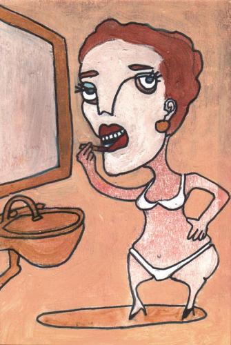 Cartoon: beautycheck (medium) by illustrita tagged portrait,despair,old,lady,woman,bath,home,frau,mirror,lipstick,makeup,bra,panties,brown