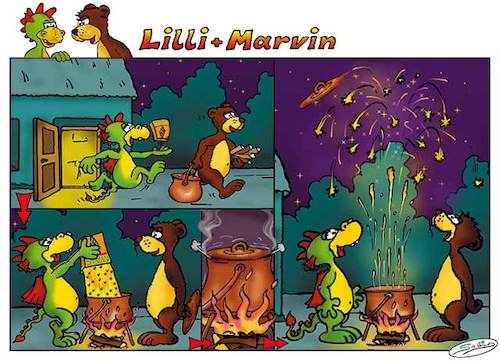 Cartoon: Lilli und Marvin - Sylvester (medium) by salinos tagged lill,marvin,sylvester,popcor,feuerwerk,bär,drache