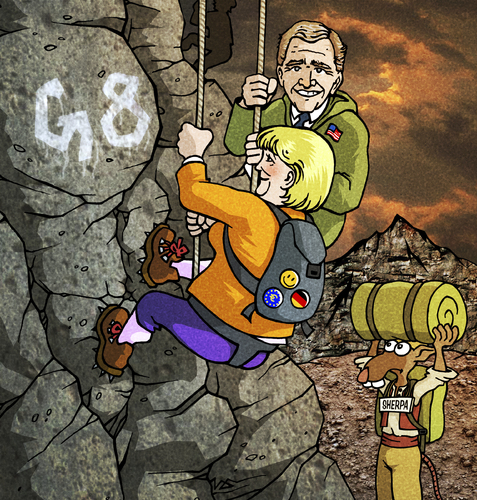 Cartoon: BODO Magazin - Gipfelstürmer (medium) by volkertoons tagged volkertoons,cartoon,illustration,g8,gipfel,politik,politics,politiker,politicians,merkel,bush,bodo,g8,gipfel,angela merkel,angela,merkel
