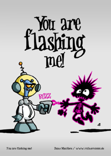 Cartoon: You are flashing me! (medium) by volkertoons tagged volkertoons,cartoon,außerirdischer,alien,laser,invasion,humor,lustig,spaß,fun,funny,grußkarte,postkarte,karte,greeting,card