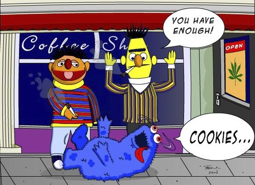 Cartoon: Recently in Colorado (medium) by Tricomix tagged cannabis,colorado,coffee,shop,sesam,street,cookie,monster,ernie,bert,marijuana