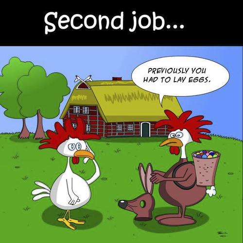 Cartoon: Second job (medium) by Tricomix tagged second,job,perquisite,money,bunny,easter,chicken,costume