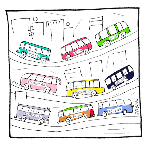 Cartoon: Für jede Neigung ein Bus (medium) by Hayati tagged pink,bus,pembe,otobus,cartoon,hayati,boyacioglu,pink,bus,pembe,otobus,cartoon,hayati,boyacioglu