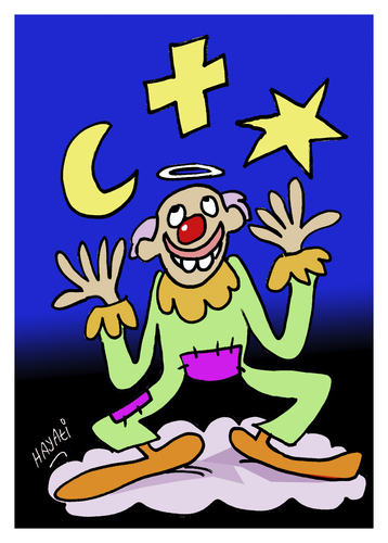 Cartoon: Religions (medium) by Hayati tagged religions,dinler,isvicre,switzerland,ateismus,glückseligkeit,jonglieren,palyaco,clown,himmel,wolken,ay,yldz,minarettenstreit,minarettenverbot,tolerans,problematik,moslem,islam,judentum,jewish,christentum,humor,christ,hayati,boyacioglu,berlin,firuz,kutal