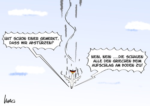 Cartoon: Aufschlag (medium) by Marcus Gottfried tagged europa,absturz,flugzeug,aufschlag,griechenland,euro,geld,finanzkrise,eurobonds,himmel