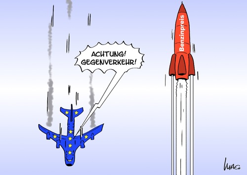 Cartoon: Gegenverkehr (medium) by Marcus Gottfried tagged gegenverkehr,flugzeug,europa,absturz,krise,rakete,benzinpreis,spritpreis,tankstelle,preiserhöhung