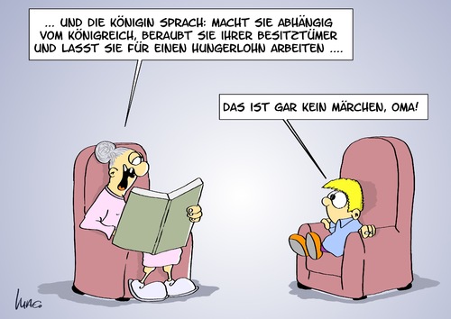 Cartoon: Märchenoma (medium) by Marcus Gottfried tagged märchen,oma,fabel,partei,könig,besitztum,hungerlohn,enkel,vorlesen,buch,geschichte,königreich