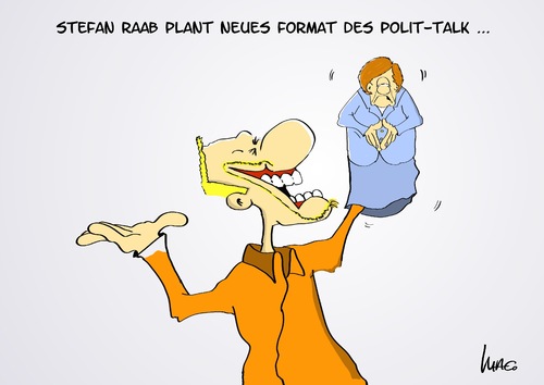 Cartoon: neues Format (medium) by Marcus Gottfried tagged politik,polittalk,talksendung,talkrunde,gäste,bildung,tv,prosieben,stafan,raab,entertainment,merkel,puppe,kasper,theater,form