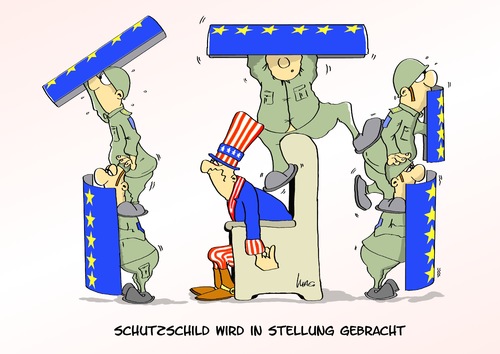 Cartoon: Schutzschild (medium) by Marcus Gottfried tagged usa,europa,nato,raketen,schutzschild,abwehr,russland,angriff,schild,schirm,verteidigung,kosten,soldat,uncle,sam,finanzen,schulden
