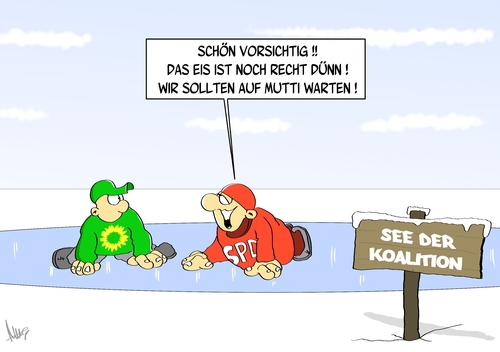 Cartoon: See der Koalition (medium) by Marcus Gottfried tagged winter,see,eis,eisfläche,eisbahn,gefroren,schnee,frost,temperatur,regierung,koalition,marcus,gottfried,cartoon,karikatur,spd,grüne,mutti,merkel,kanzlerin,vorsicht,obacht,dünn,einbruch,versinken