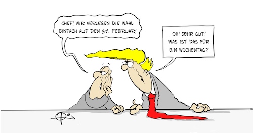 Cartoon: Wochentag (medium) by Marcus Gottfried tagged usa,wahl,wahltermin,trump,november,februar,verschieben,usa,wahl,wahltermin,trump,november,februar,verschieben