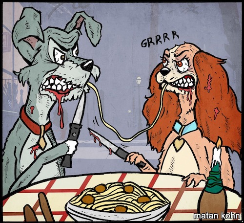 Cartoon: Give me the Pasta (medium) by matan_kohn tagged ladyandthetramp,pasta,disney,waltdesney,food,dog,dogs,eating,animals,dogsfight,funny,humor,animation,illustration,drawing,digitalart,angry,movie,film,knife,scary,gohtic,tatoo,barking,meme,cooking